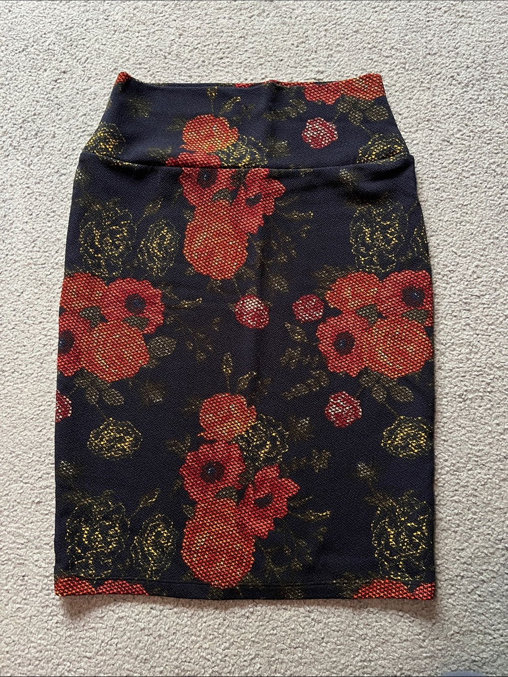 LuLaRoe Black Pencil Skirt with Red Floral and Gold Accents